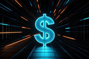 Neon dollar sign in futuristic corridor