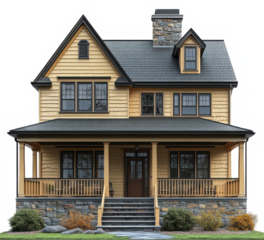 Two-Story House Facade with Porch, Shingle Siding and Stone Base on Transparent PNG Image