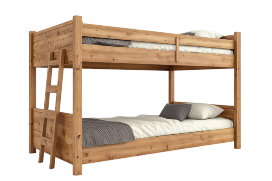 A wooden bunk bed indoors