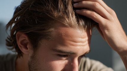 Fototapeta premium Closeup of man touching his hair and scalp with fingers showing natural skin texture and hair strands in soft natural light
