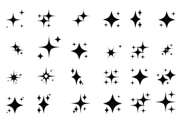 Twinkle star icons vector set. Abstract black sparkles. Twinkling stars, shining burst. Christmas vector symbols isolated on white background.