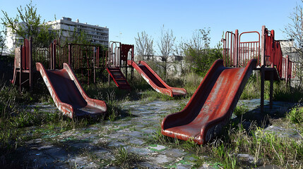 Abandoned Playground With Rusty Red Slides