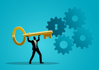 Initiating business processes, businessman lifting a giant key to launching and activating a business
