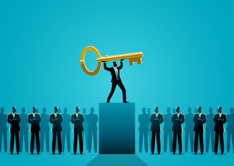 Leader holding key, key person, business leadership and success concept
