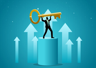 Confident businessman standing on a podium lifting giant golden key, key person, business success key, leadership and growth concept