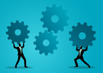 Two businessmen lifting large gears to complete a system, symbolizing collaboration, process optimization, business integration, and teamwork in a corporate or startup business.
