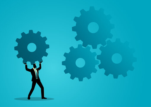 Silhouette of a businessman lifting and placing a gear to connect with other gears, symbolizing workflow integration, business process, and strategic problem solving.