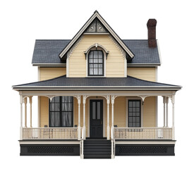 Obraz premium Architectural style two-story house with porch on transparent PNG image