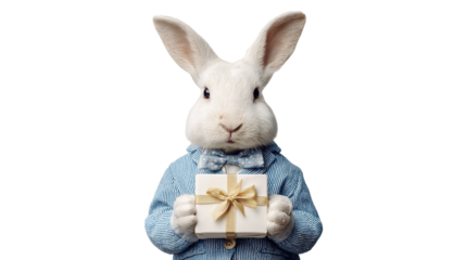 White rabbit holding gift box wearing suit and bow tie for easter or birthday celebration event photo