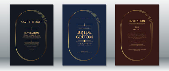Luxurious wedding invitation set in navy blue and wine tones with elegant gold oval line frames. Sophisticated layout with formal typography.