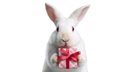 White rabbit holding gift box cute bunny pet animal easter present holiday celebration surprise adorable fluffy 100