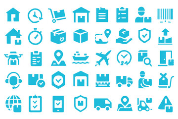 transportation, packaging, and logistics related icons, delivery, truck, drone, location, and more icon set
