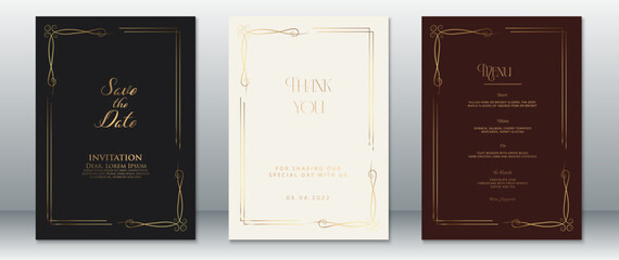 Luxury wedding invitation set with golden vintage borders on black, cream, and burgundy backgrounds. Includes save the date, thank you, and menu cards.