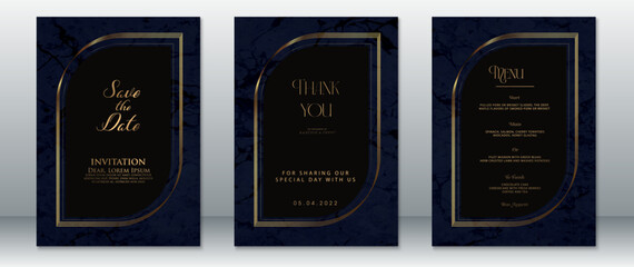 Modern luxury wedding card set featuring black and navy marble background with gold curved frames. Includes save the date, menu, and thank you cards.