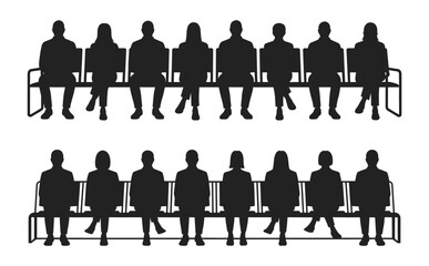 Silhouettes of people sitting in a row on waiting room benches, vector illustration set. Men and women in seated poses suggesting queue, anticipation, or public space environment.