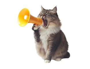 Fluffy cat holding yellow megaphone isolated on transparent PNG