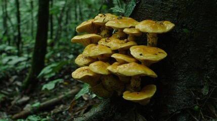 Yellow mushrooms cluster on a tree trunk in a green forest