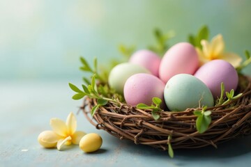 Happy Easter eggs in a nest Colorful pastel eggs, spring, holiday , adorable, cheery, joyful