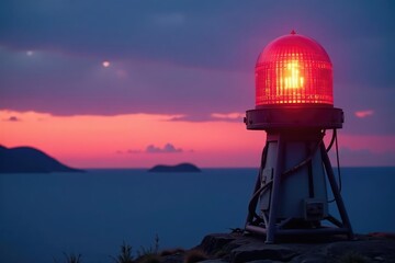 Horizontal shot of a navigational beacon emitting light against a twilight sky, morning, horizontal