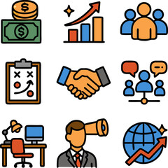 Contains nine icons with a business theme. Suitable for presentations, infographics, websites, and marketing materials requiring business related visuals.