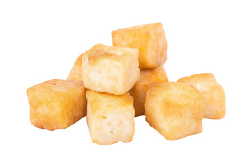 Golden fried tofu cubes isolated on white background