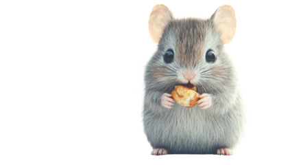 Adorable house mouse eating a small treat isolated on transparent PNG