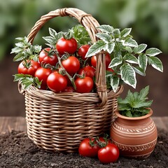 Tomato bunch over wooden woven basket high resolution picture