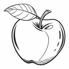 Stylized Apple Illustration with Leaf and Stem in Black and White Outline