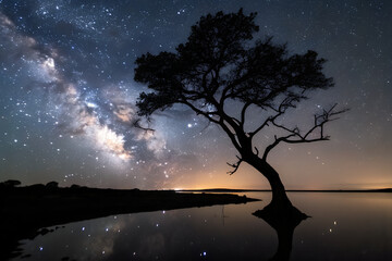 Silhouette of a Tree Reflecting in Dark Water Under a Starry Night Sky