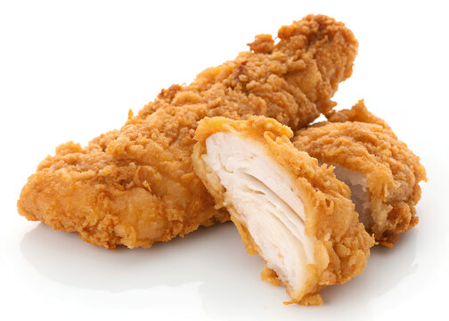 Crispy fried chicken tenders on white background
