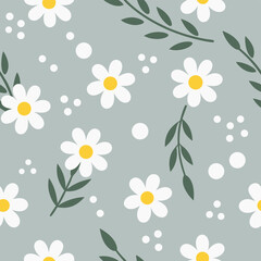 Seamless floral pattern of white daisies with yellow centers and green leaves on blue