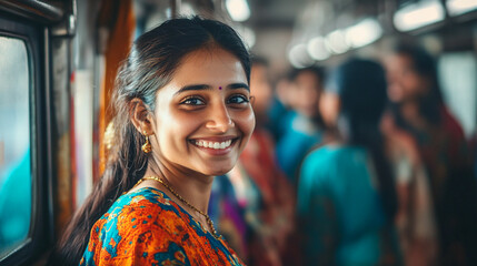 Indian woman travelling in a crowded bus.	
