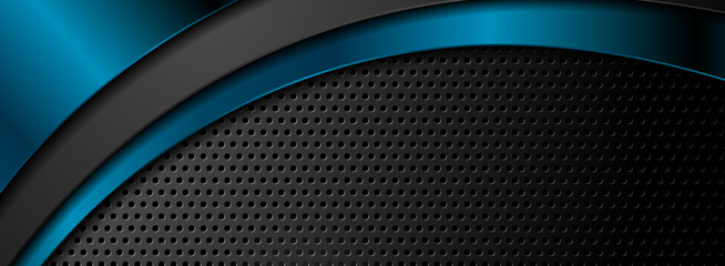 Blue and black abstract glossy waves on perforated background. Technology vector banner design