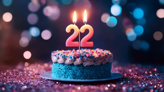 Celebratory Blue Cake with Pink Candles Marking 22nd Birthday in Festive Atmosphere