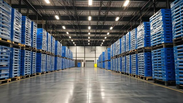 Rows of blue plastic pallets stacked high in large warehouse logistics setting.