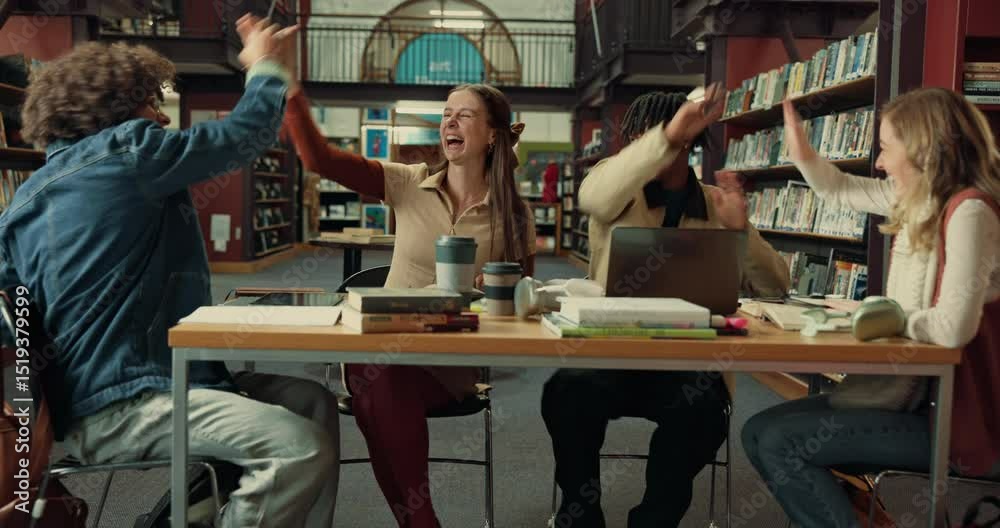 Aufkleber High five, study group and students in library with textbooks preparing for university exam. Happy, cheering and people with good results for passing college test, assignment or project together.