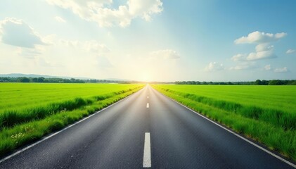 Fototapeta premium Vanishing point perspective of a paved road stretching into the distance, bordered by lush green fields , pavement, rural