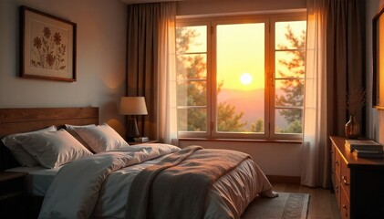 Fototapeta premium Warm evening light bathes calming bedroom in soft glow, pillows, muted, comfortable