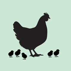 vector silhouette of a hen with her chicks on a green background