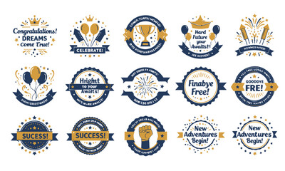 Collection of Achievement and Celebration Badges with Gold and Blue Accents.celebrating success, new beginnings, and milestones, incorporating elements like trophies, crowns, and celebratory