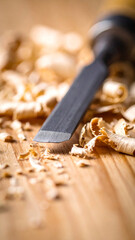 Close-up view of a sharp chisel resting on a wooden surface surrounded by wood shavings, showcasing the detailed craftsmanship involved in woodworking.