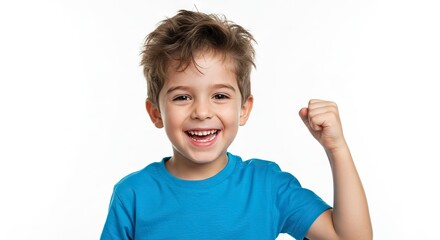 Excited Boy Cheering with Raised Fist in Studio Portrait on White
