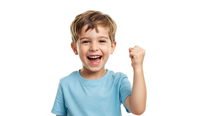 Excited Little Boy Cheering with Raised Fist on White Background