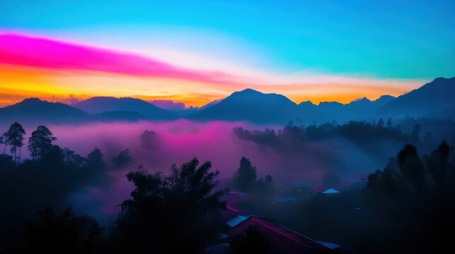 Fototapeta Colorful sunrise over misty mountains and valleys in tranquil landscape