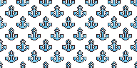 Seamless nautical pattern featuring repeating pixel anchors on a white background. Retro pixelated style perfect for summer, beach, or ocean designs. Great for games, prints, or textiles.