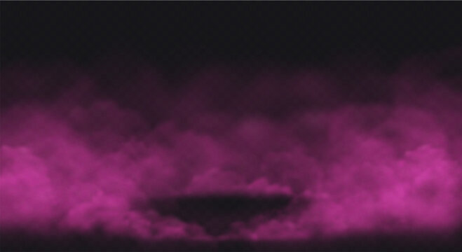 Pink Smoke effect on transparent dark background. Fog cloud above the floor surface with an empty spot