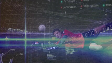 Goalkeeper diving after ball appearing on grass pitch analyzing sports analytics with data overlays - Powered by Adobe