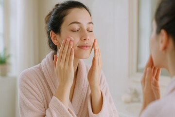 Woman in soft robe applies skincare products to her face, enjoying moment of self care and relaxation in bright bathroom