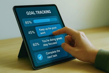 AI-powered coaching personalizes growth through smart, data-driven insights. Goal tracking on tablet shows progress with motivational messages