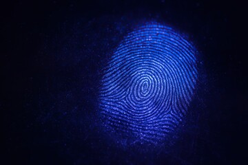 Forensic science links crime scenes to evidence in the forensic lab. Glowing forensic fingerprint illuminated ultraviolet light, showcasing intricate details and patterns. 
